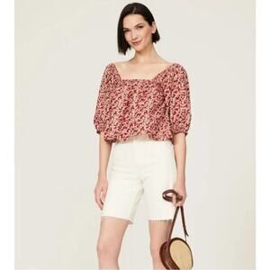 Apiece Apart Gali Shirred Puffed Sleeve Square Neckline Floral Crop Top NEW Med